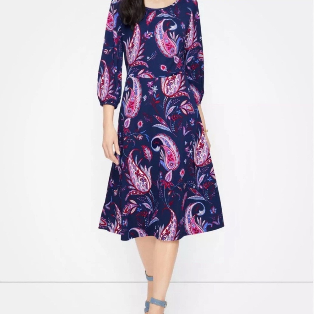 TALBOTS - Size 4 - WOMEN'S MULTICOLOR 3/4 SLEEVE PAISLEY PRINT Blue MIDI DRESS